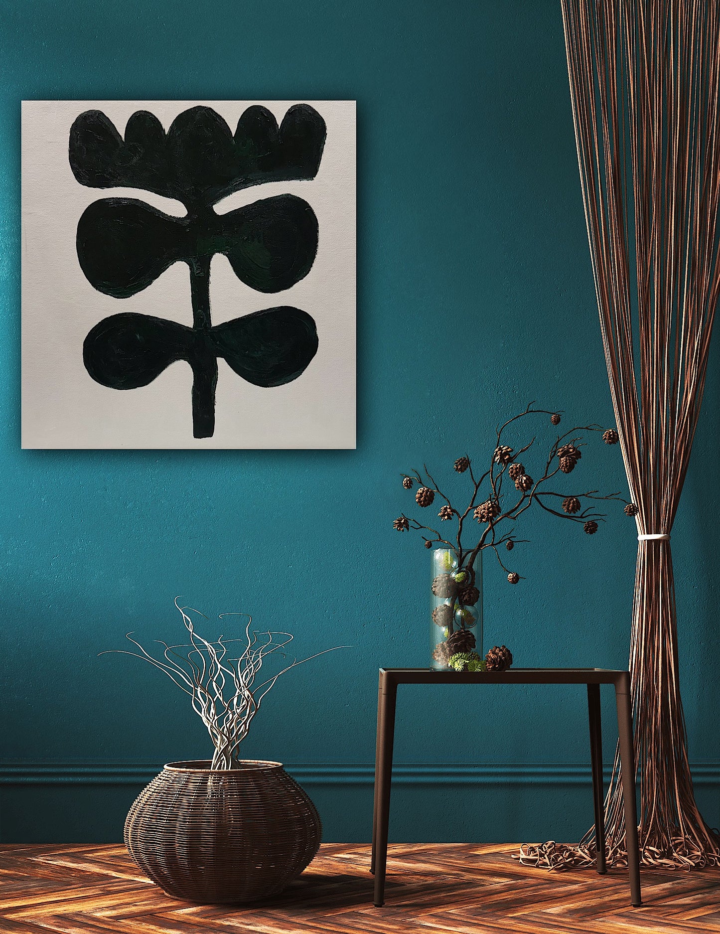 Eferi Plant II Green & White Modern Abstract oil Painting On Canvas 40x40cm In Oka floral