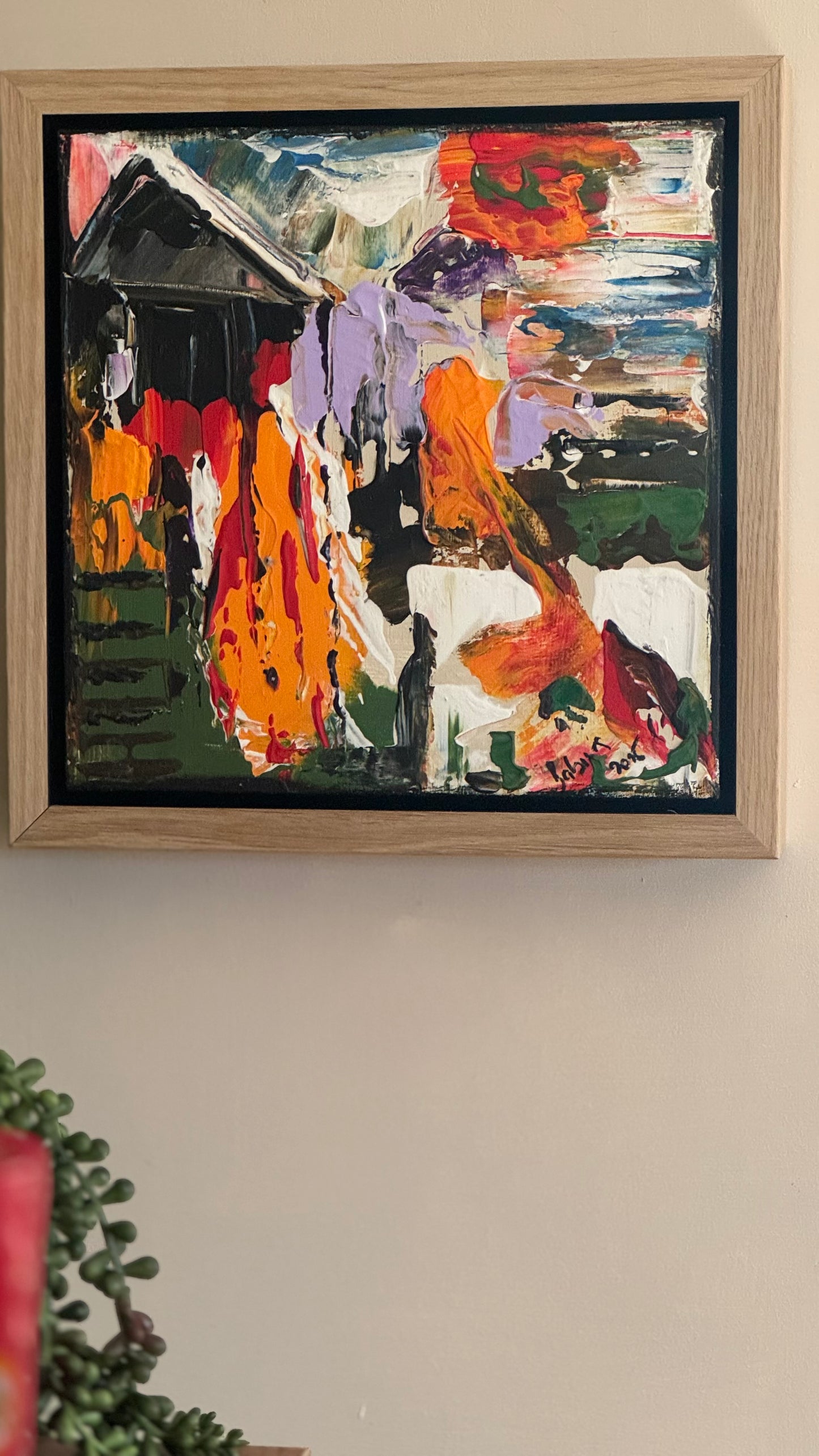 Framed Original Abstract contemporary Oil Painting On Canvas 30 x 30cm House on a Hill Oka