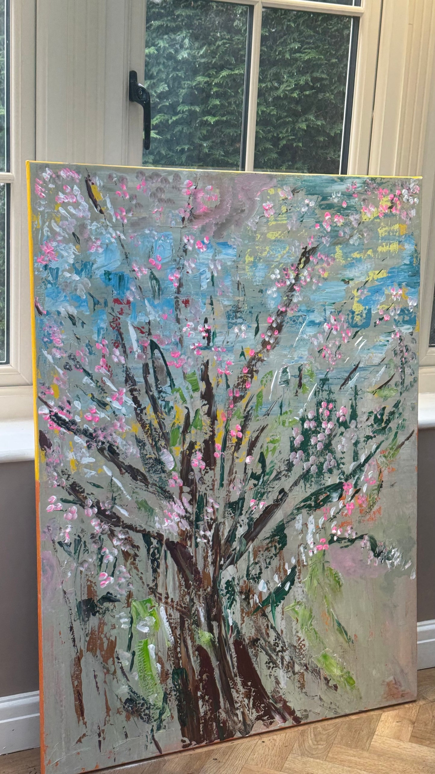 Original textured abstract expressionist oil painting on canvas . Size 122 x 92cm Cherry Blossom