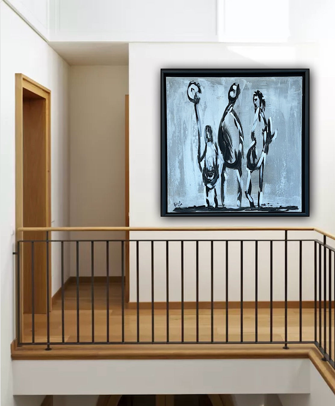 Framed in black Figurative Modern Abstract contemporary oil Painting On Canvas 42 x 42cm family