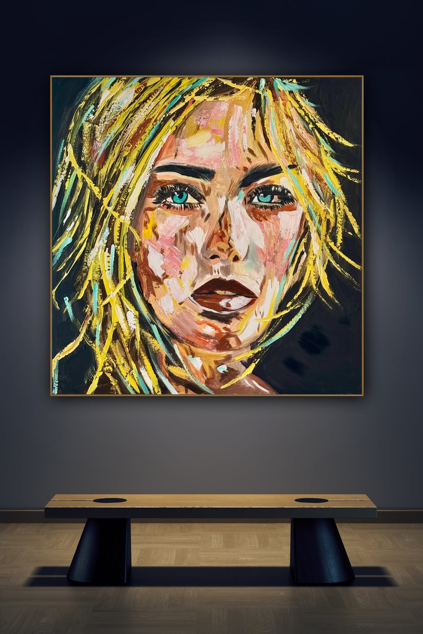 Contemporary Abstract Original Oil Painting On Canvas 90x90cm Blond girl ‘Luna’ woman’s portrait Framed
