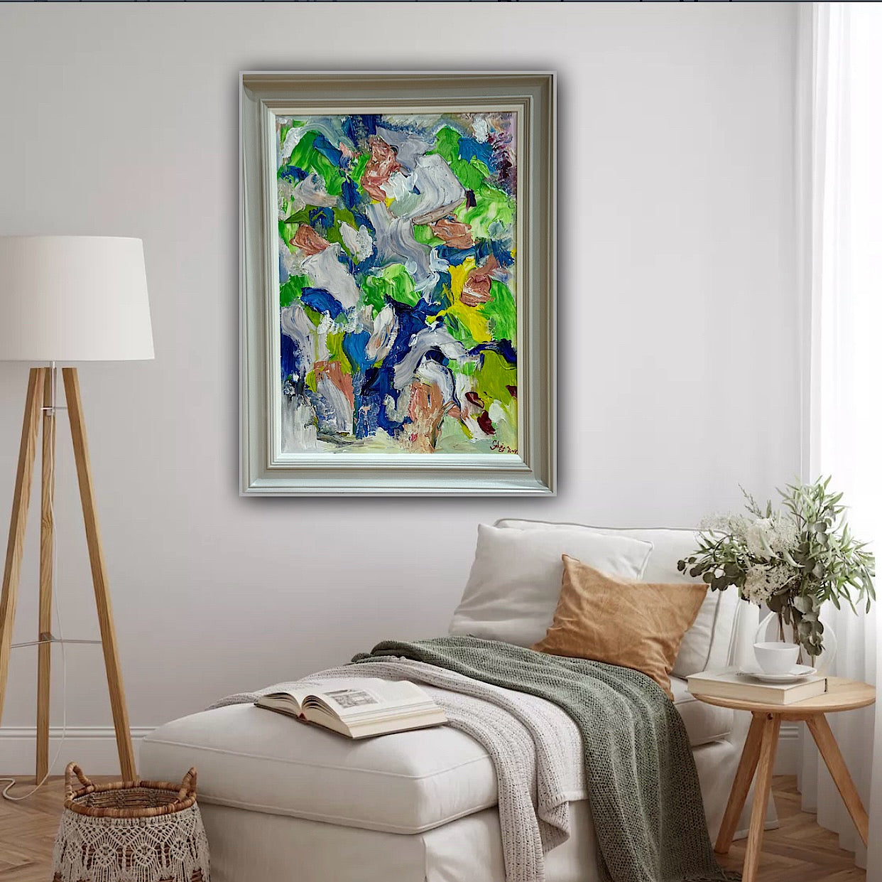 Framed Original Abstract contemporary Oil Painting On Canvas 52x70cm Floral Oka