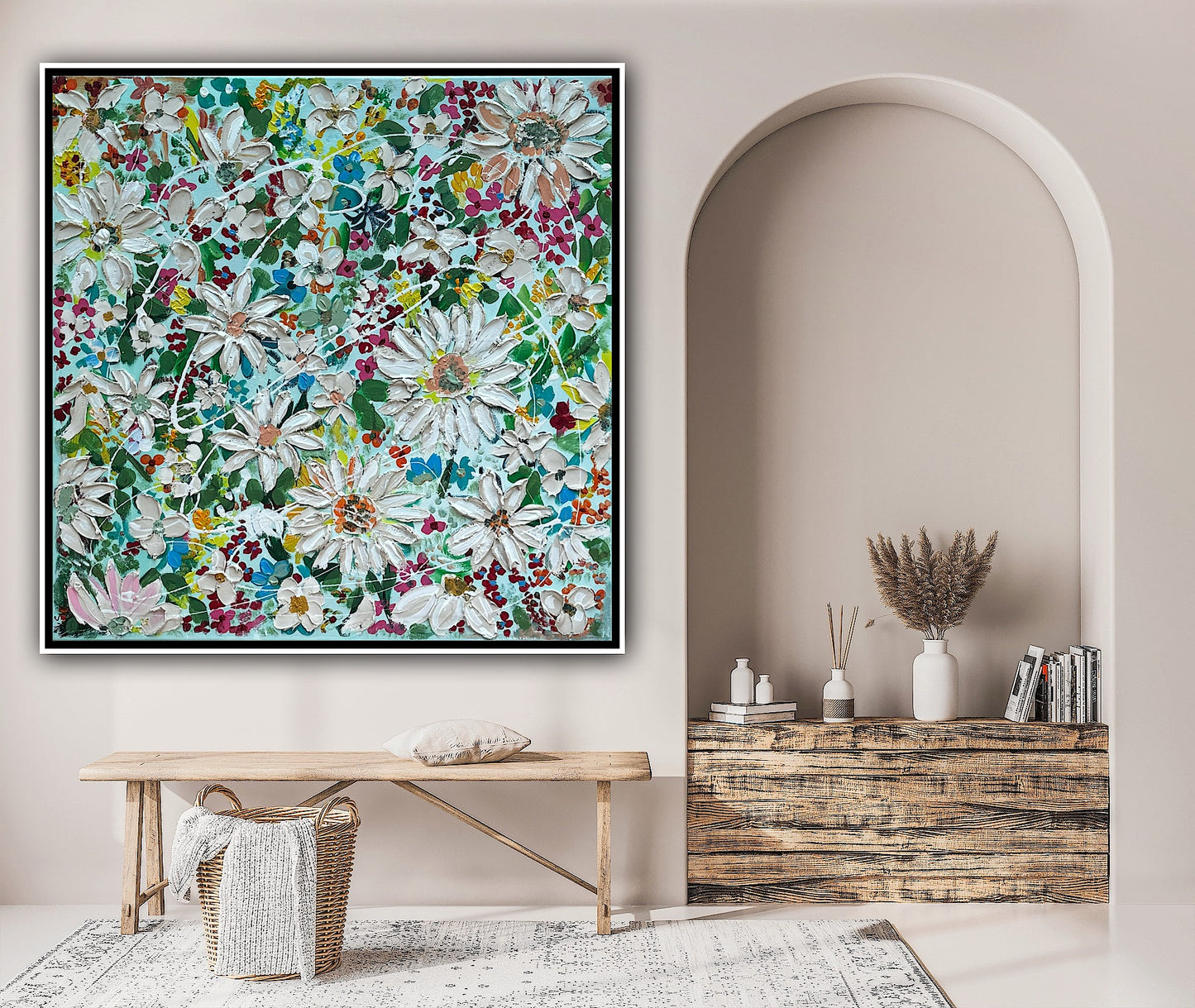 Framed Original Abstract Oil Painting On Canvas 80x80cm Daisies & more Flowers Textured