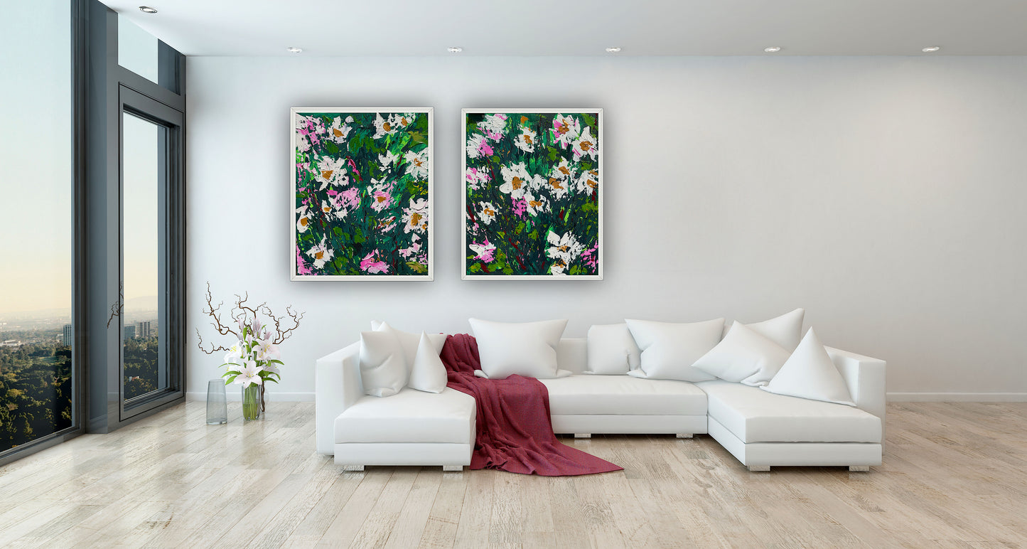 Original Abstract Oil Painting On Canvas board 60 x 50cm garden white flowers I Oka