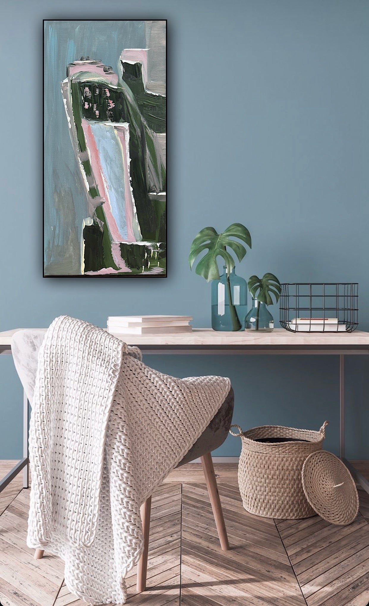 Oka Contemporary Abstract Original Oil Painting 30cm x 60cm textured House on a Hill