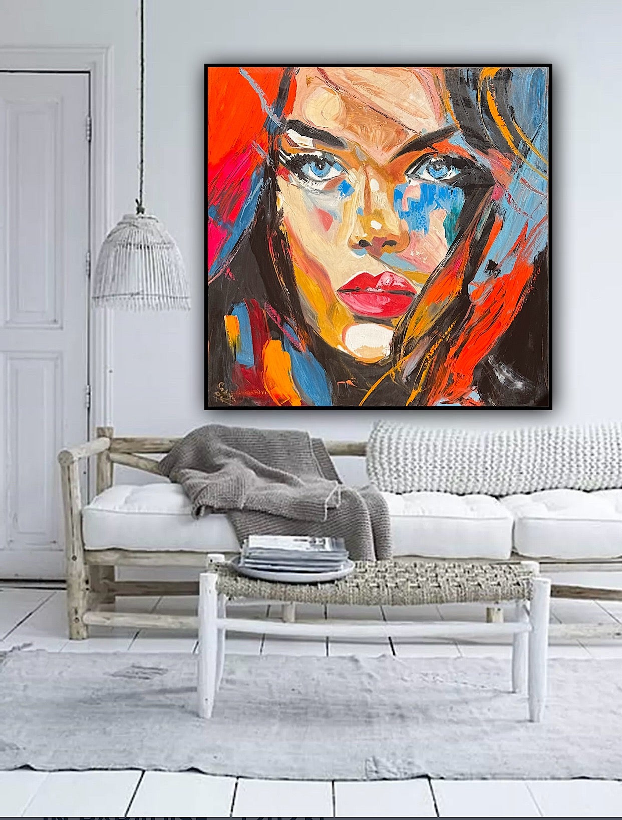 Richter Style Abstract Original Oil Painting On 100 x 100cm canvas Blue eyes woman portrait