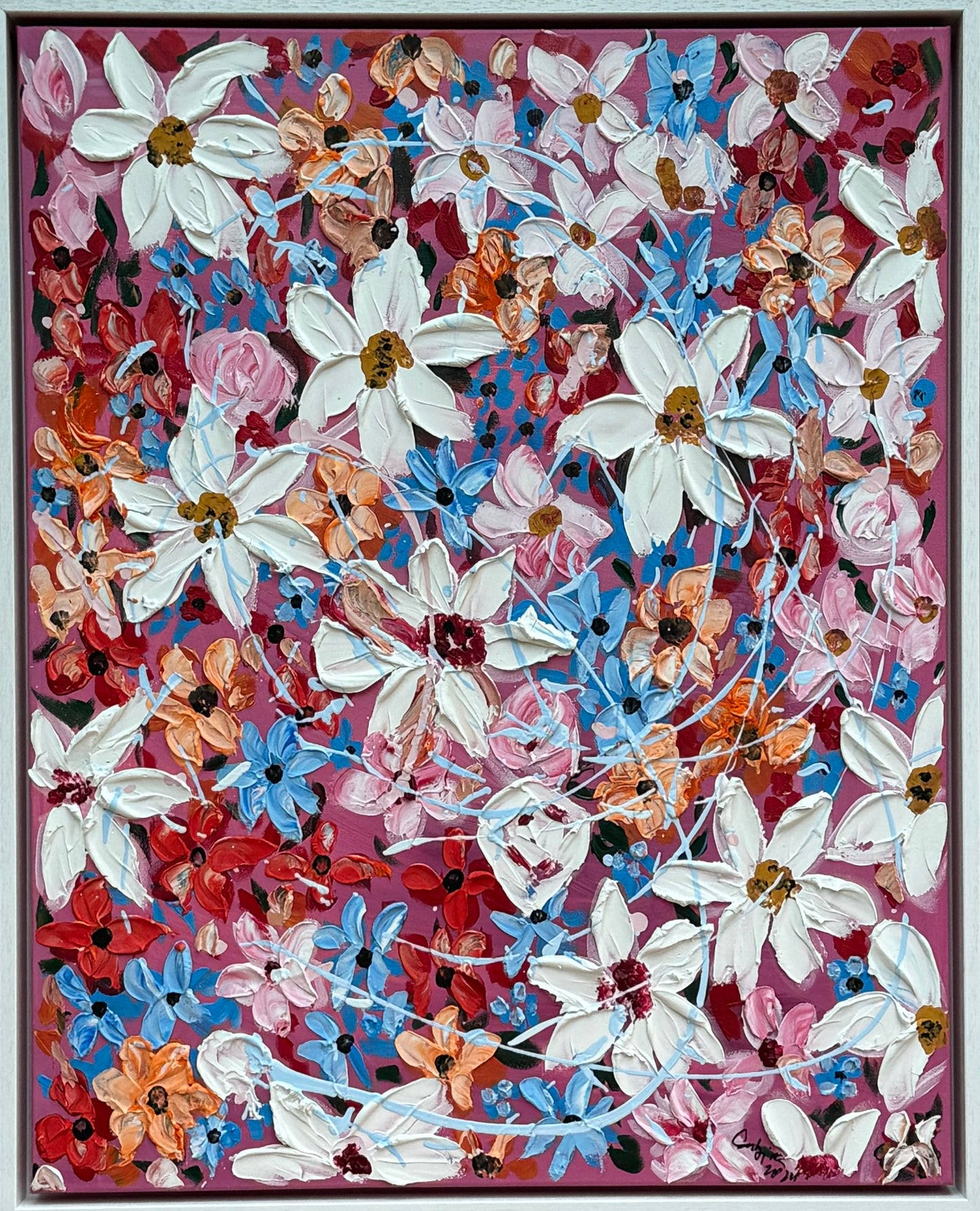 Original Abstract Oil Painting On Canvas 80 x 65cm Daisies in bloom textured framed