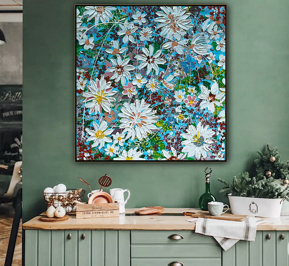 Original Abstract Oil Painting On Canvas 90 x 90cm Flowers in bloom textured framed