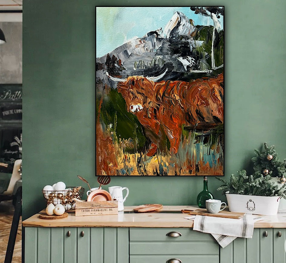 Abstract Original Oil Painting On 30 x 40cm Canvas Aboriginal highland cow ‘Bertie’ animal