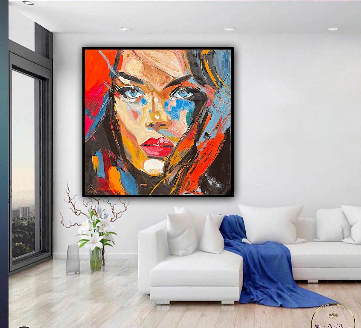 Richter Style Abstract Original Oil Painting On 100 x 100cm canvas Blue eyes woman portrait