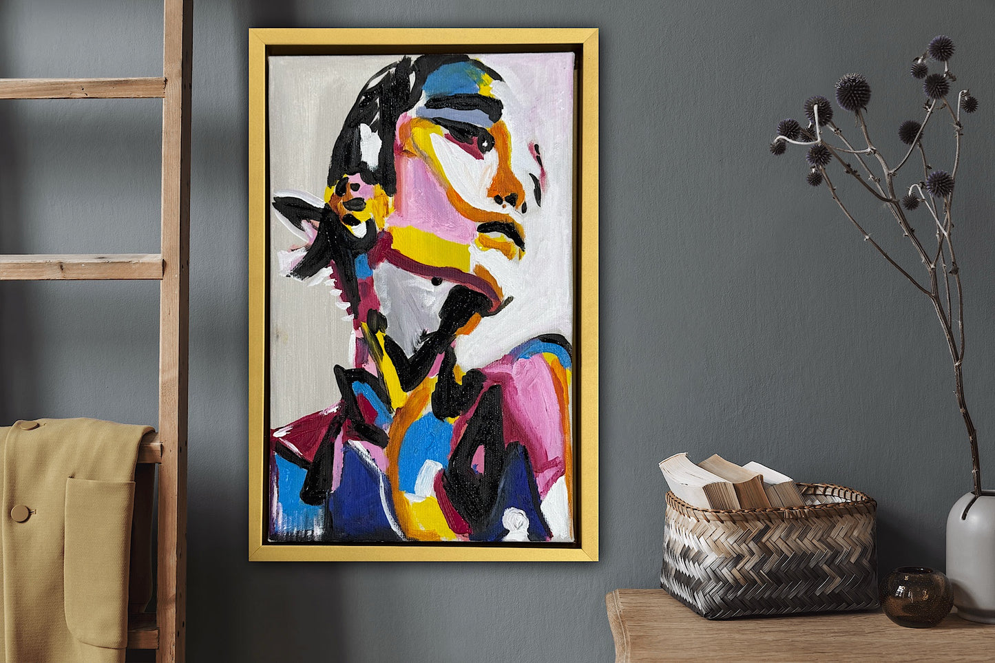 Framed in gold bronze Original Abstract Oil Painting On Canvas 36 x 24cm The Silent phoenix’ Girl Oka portrait