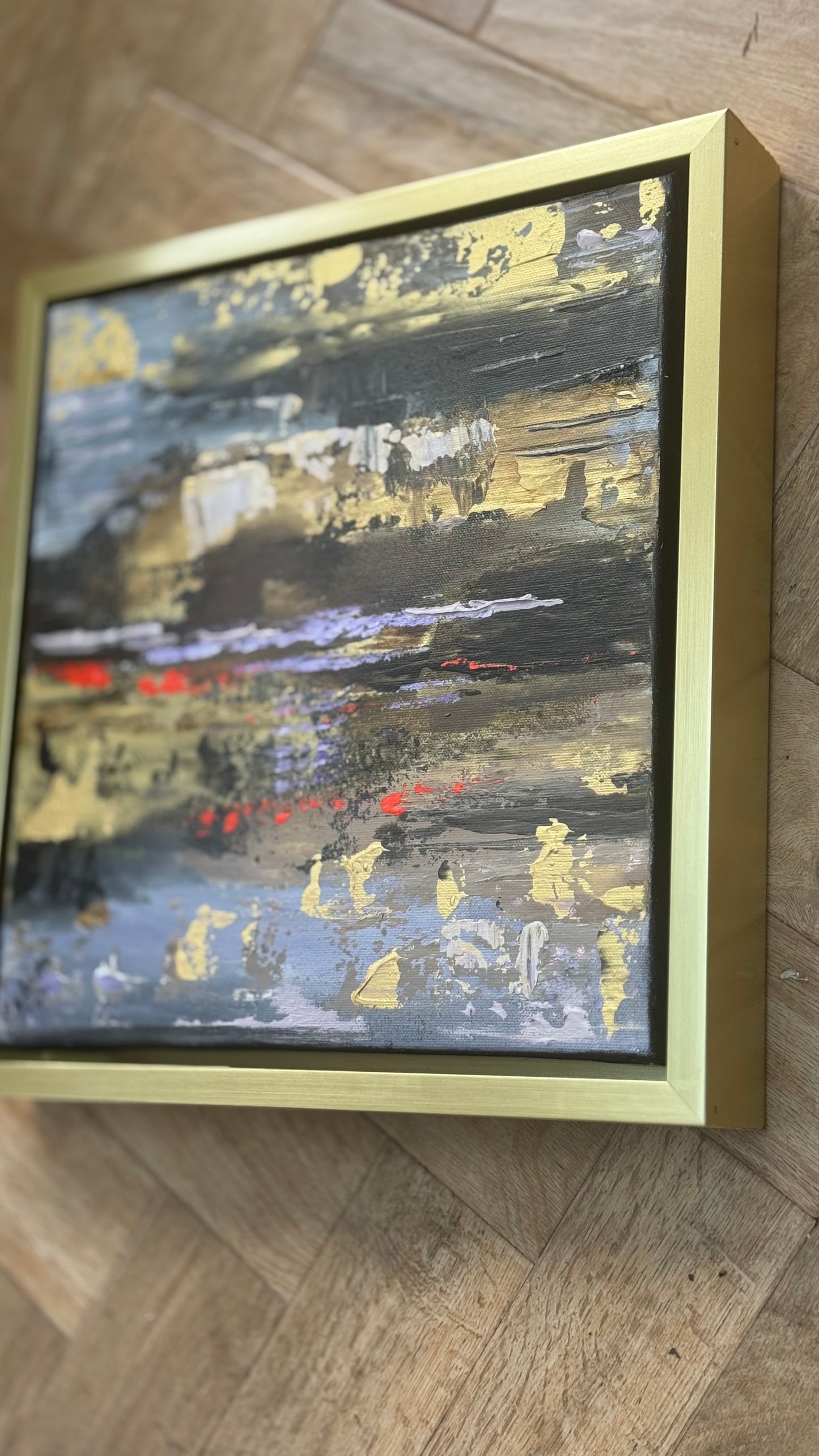 Framed Original Abstract contemporary Oil Painting On Canvas 35x35cm Sunset at lakes Oka