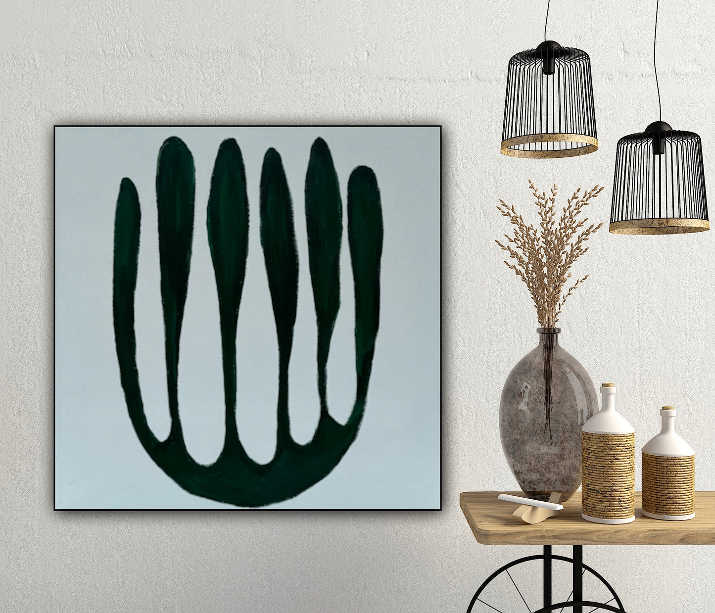 Eferi Plant Green & White Modern Abstract oil Painting On Canvas 40x40cm In Oka floral