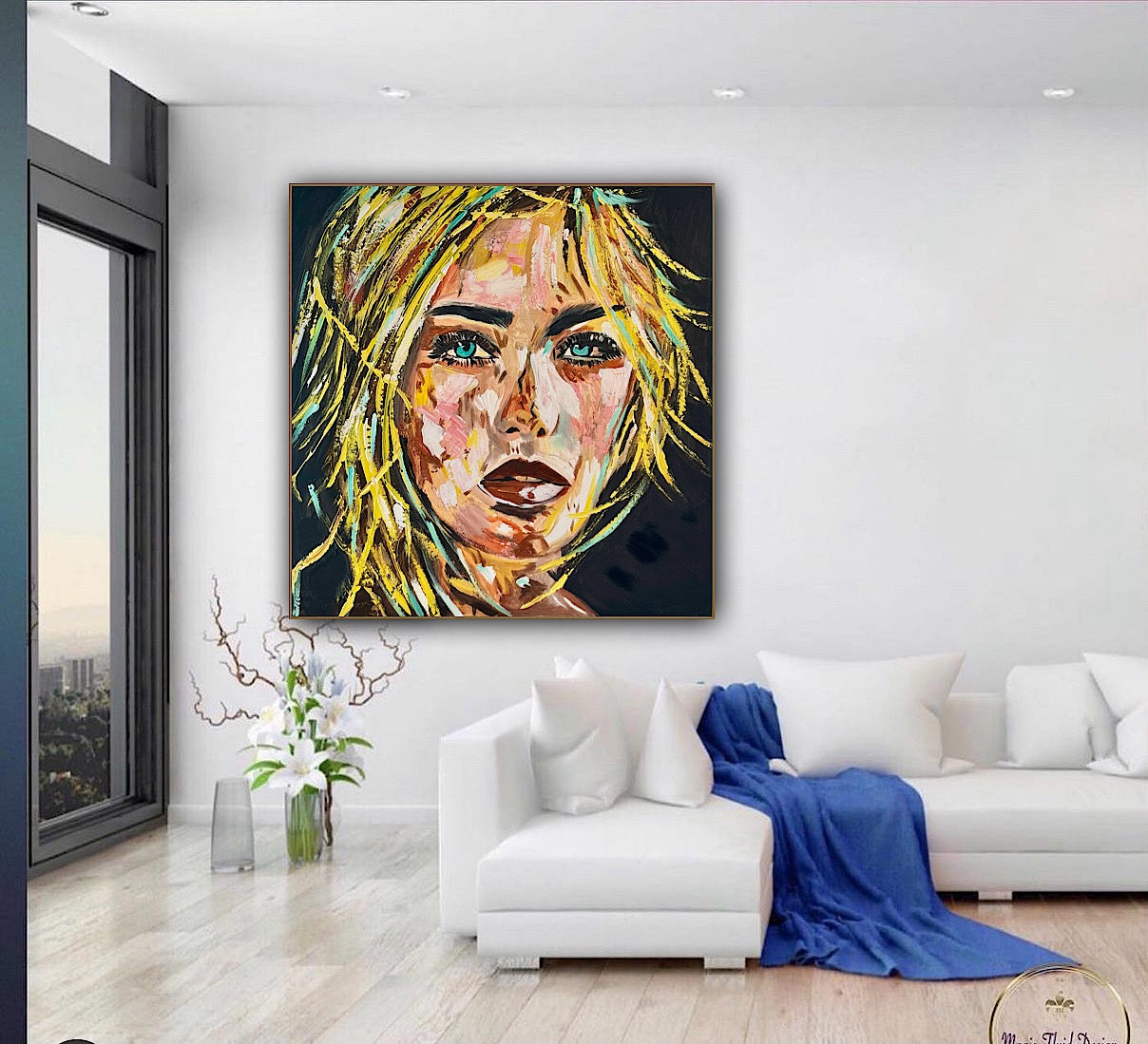 Contemporary Abstract Original Oil Painting On Canvas 90x90cm Blond girl ‘Luna’ woman’s portrait Framed