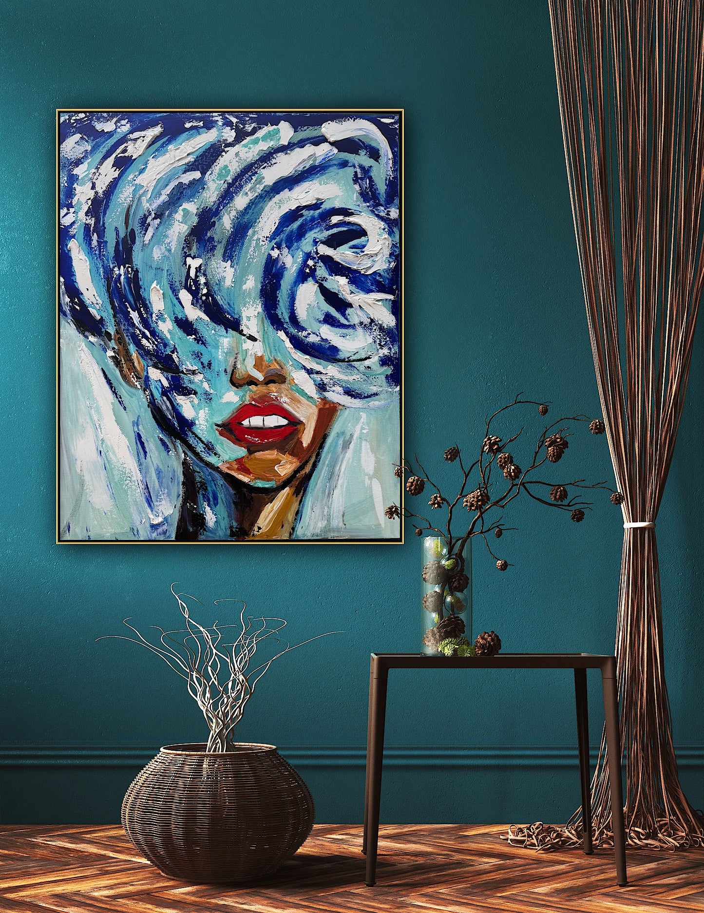 Large Abstract Original Oil Painting On 80x70cm canvas Waves Woman texture Vogue portrait framed in gold bespoke frame