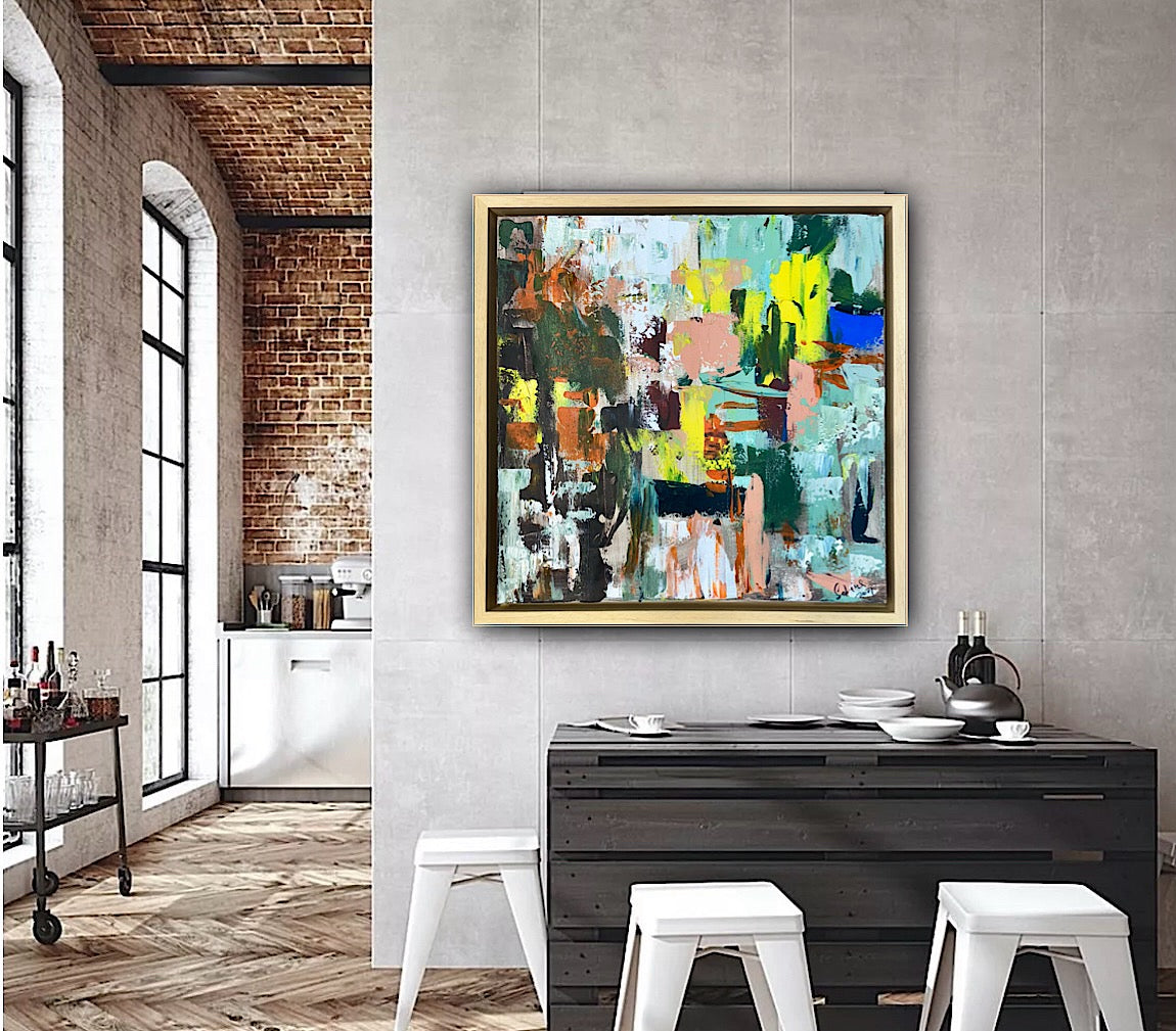 Framed Original Abstract Oil Painting On Canvas 52 x 52cm city lights Oka