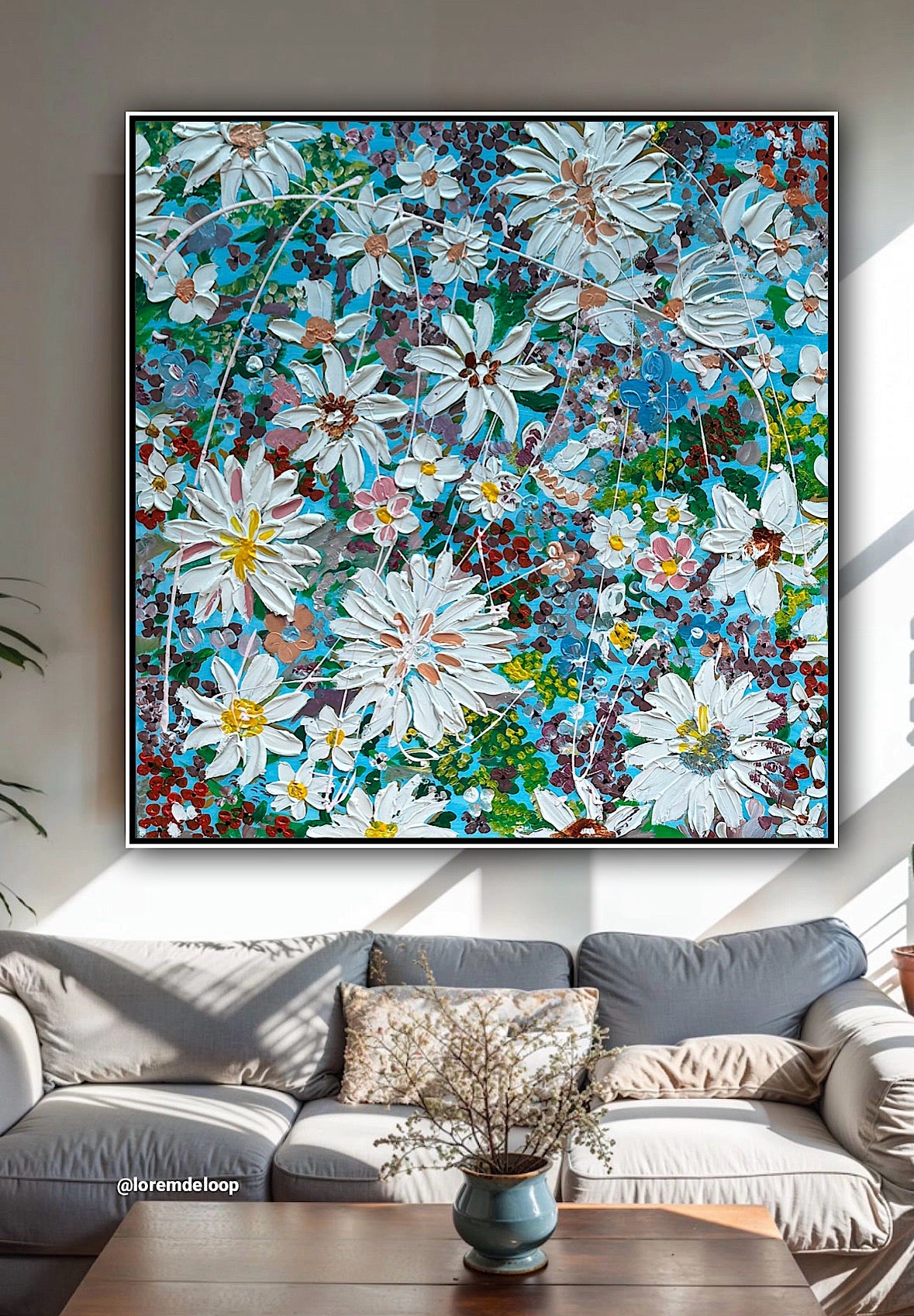 Original Abstract Oil Painting On Canvas 90 x 90cm Flowers in bloom textured framed