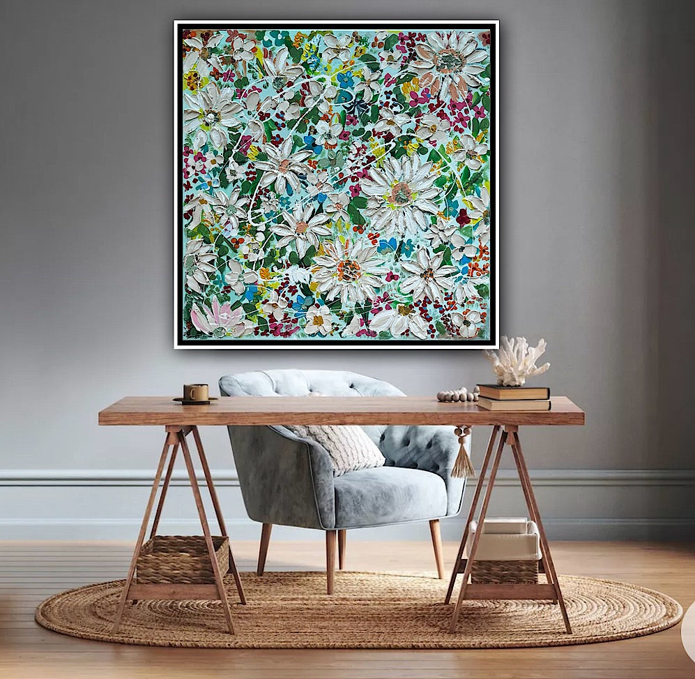 Framed Original Abstract Oil Painting On Canvas 80x80cm Daisies & more Flowers Textured