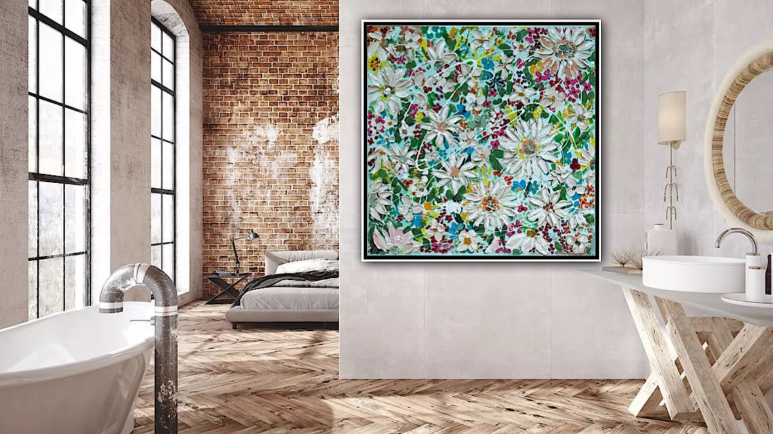 Framed Original Abstract Oil Painting On Canvas 80x80cm Daisies & more Flowers Textured