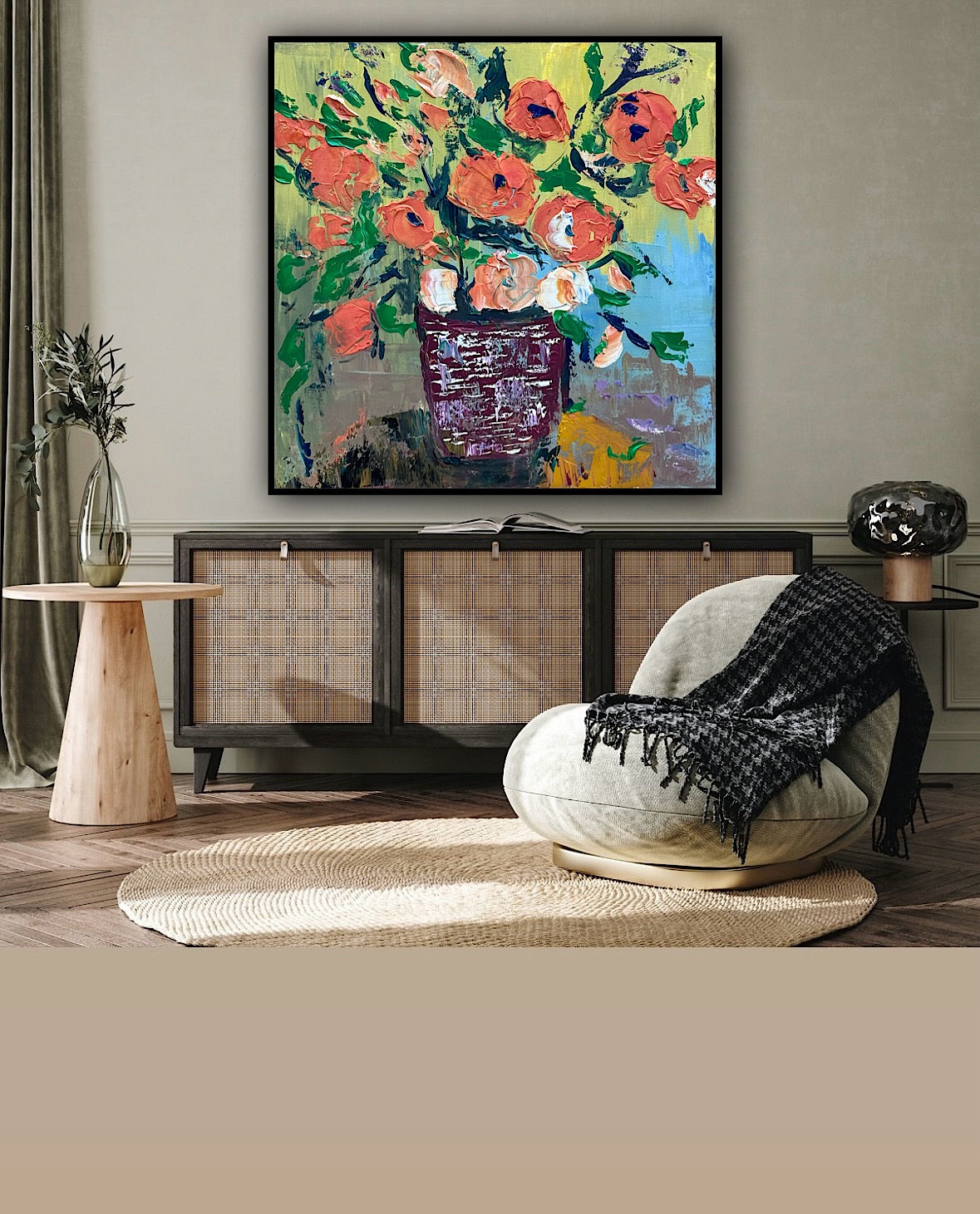 Oka Contemporary Abstract Original Oil Painting 60 x 60cm textured Whispers of Flowers