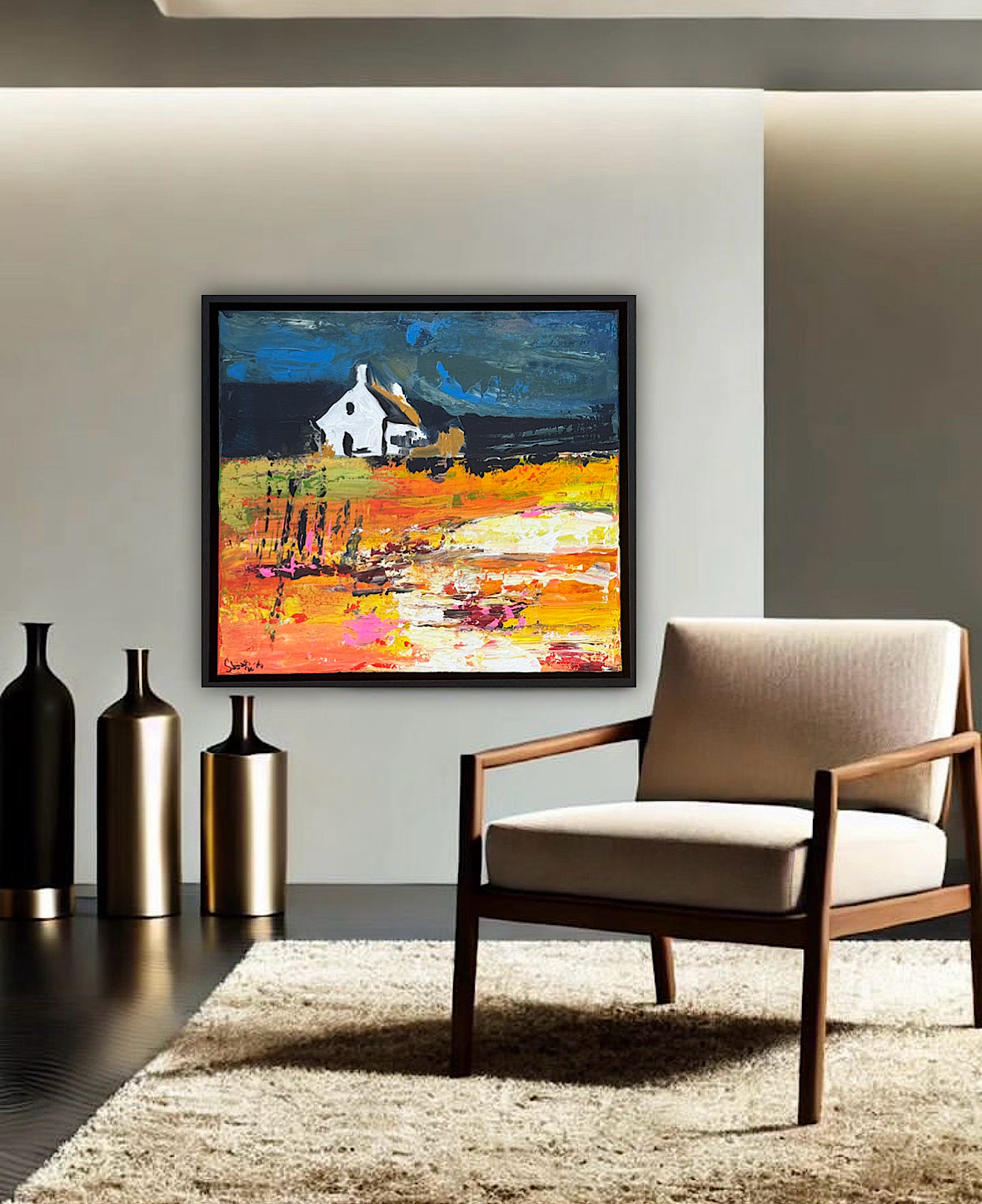 Framed Original Abstract contemporary Oil Painting On Canvas 43x40cm Magazine Irish House on a Hill Oka