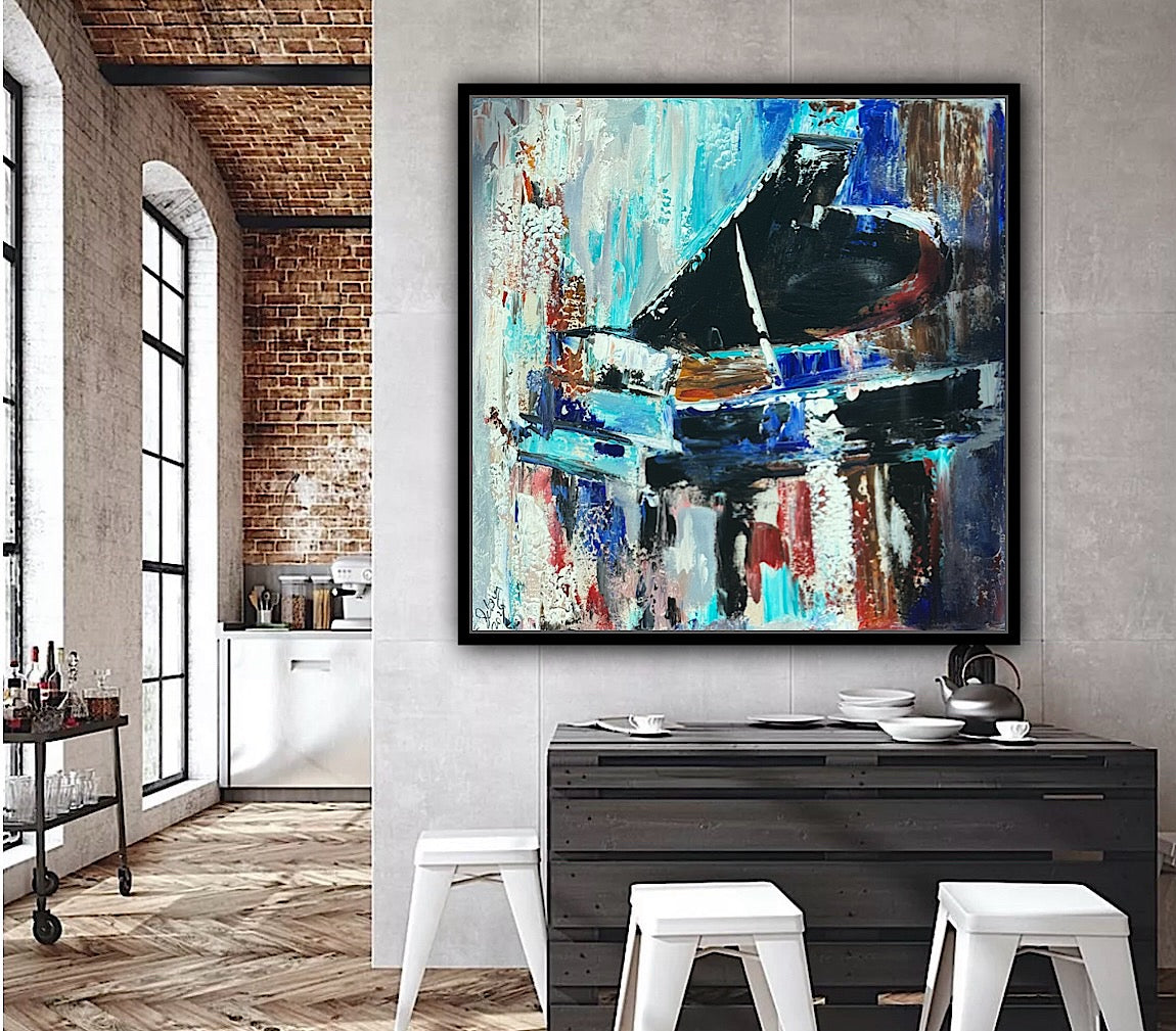 Framed in black Textured Original Abstract Oil Painting On Canvas 55x55cm Black Grand Piano