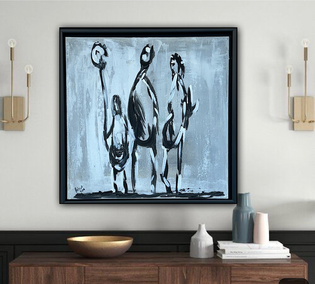 Framed in black Figurative Modern Abstract contemporary oil Painting On Canvas 42 x 42cm family