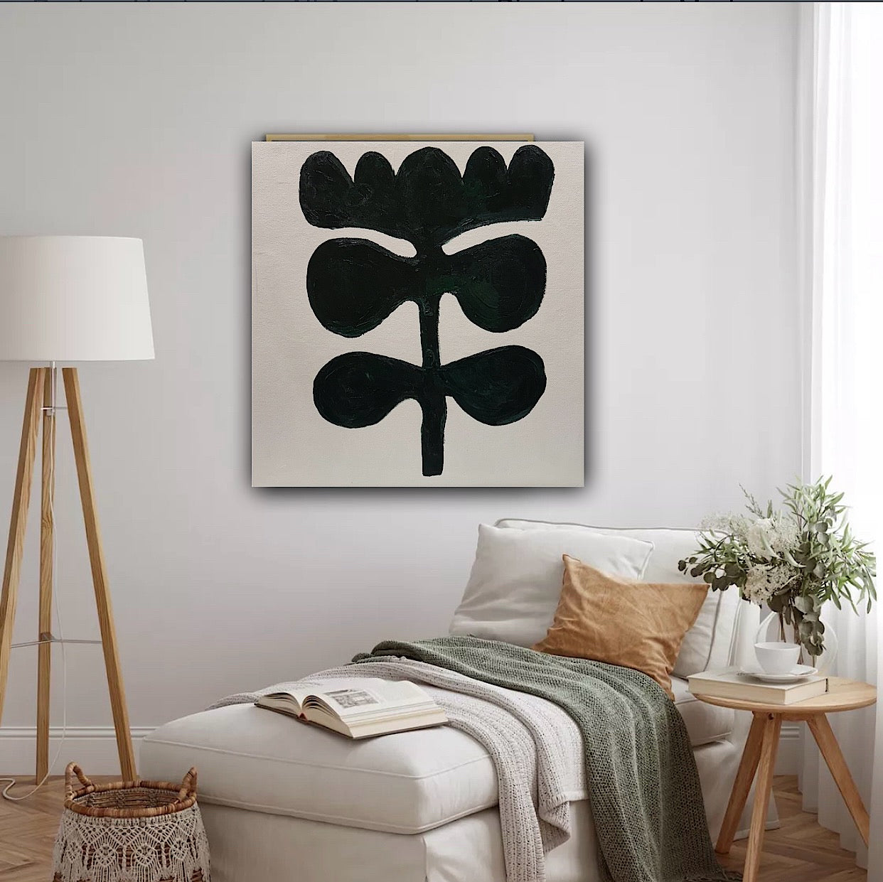 Eferi Plant II Green & White Modern Abstract oil Painting On Canvas 40x40cm In Oka floral