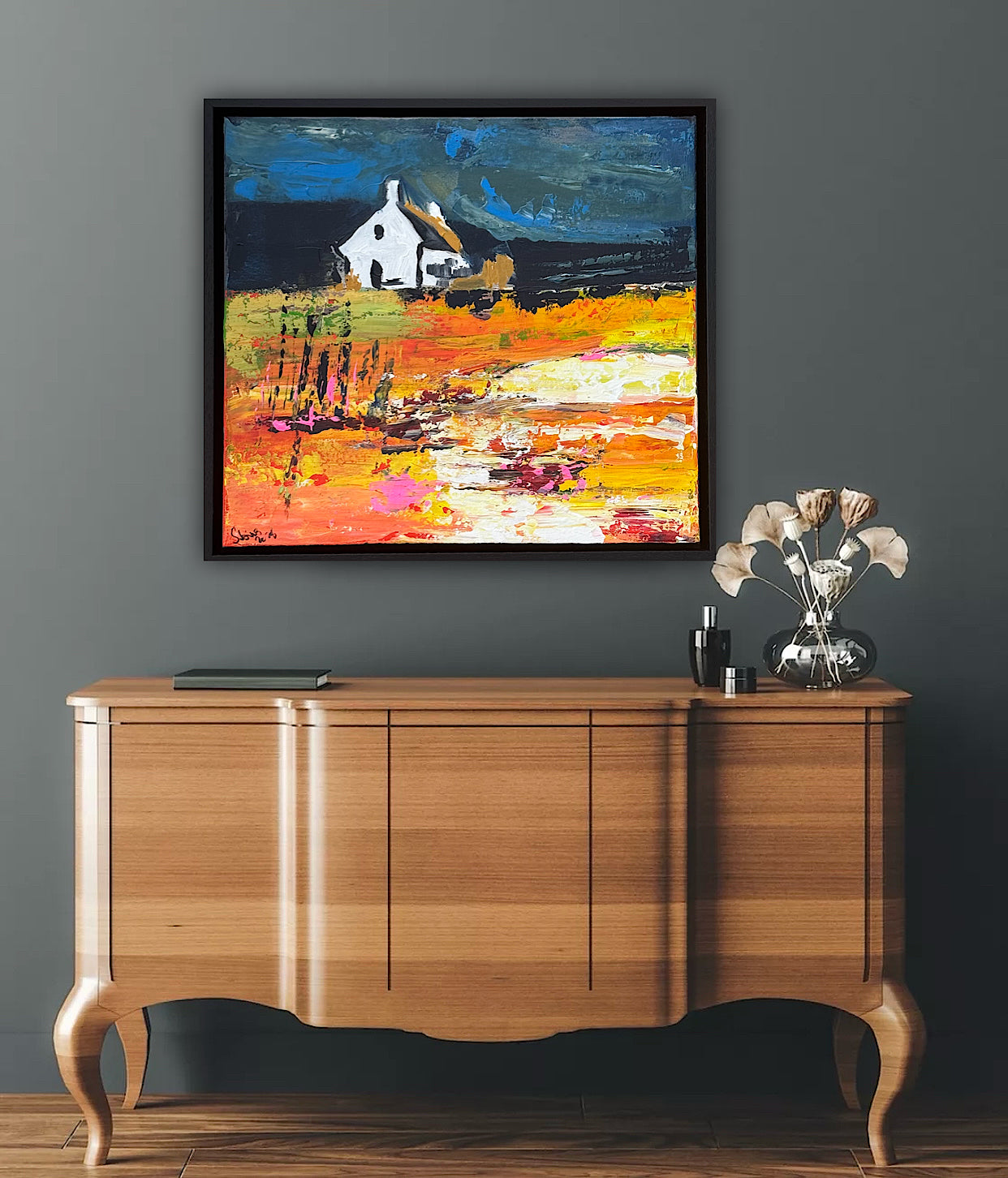 Framed Original Abstract contemporary Oil Painting On Canvas 43x40cm Magazine Irish House on a Hill Oka