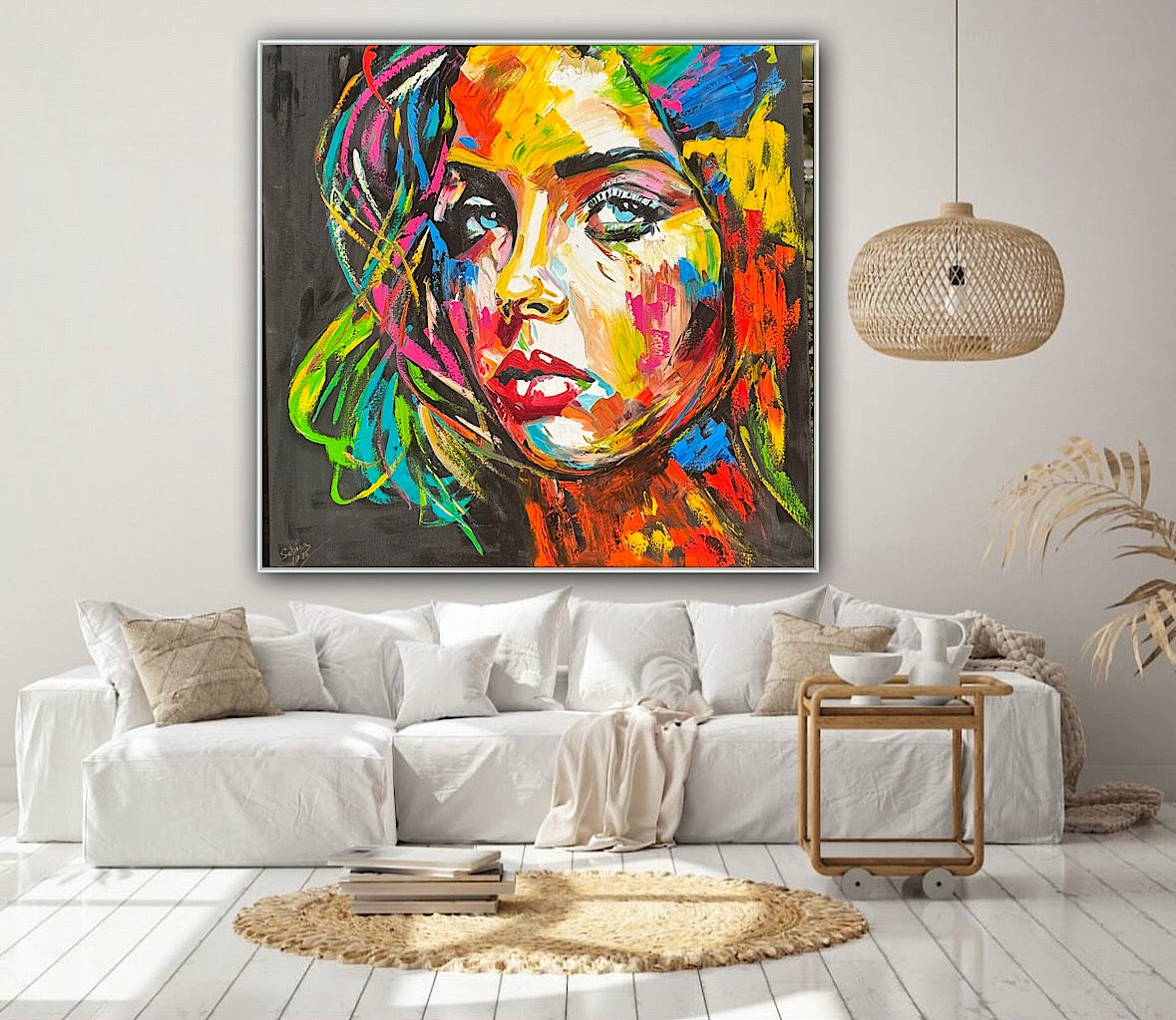 Modern Style Abstract Original Oil Painting On 100 x 100cm canvas Pillow talk woman portrait framed in black and gold frame