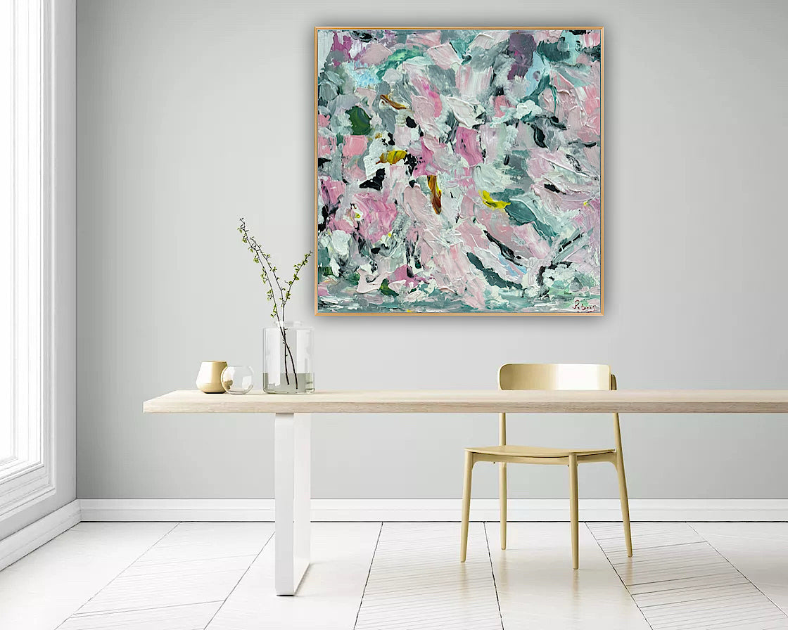Large Abstract Original Oil Painting On 50x50cm canvas textured Painting ‘Pink Fusion’ Oka framed in solid oak frame