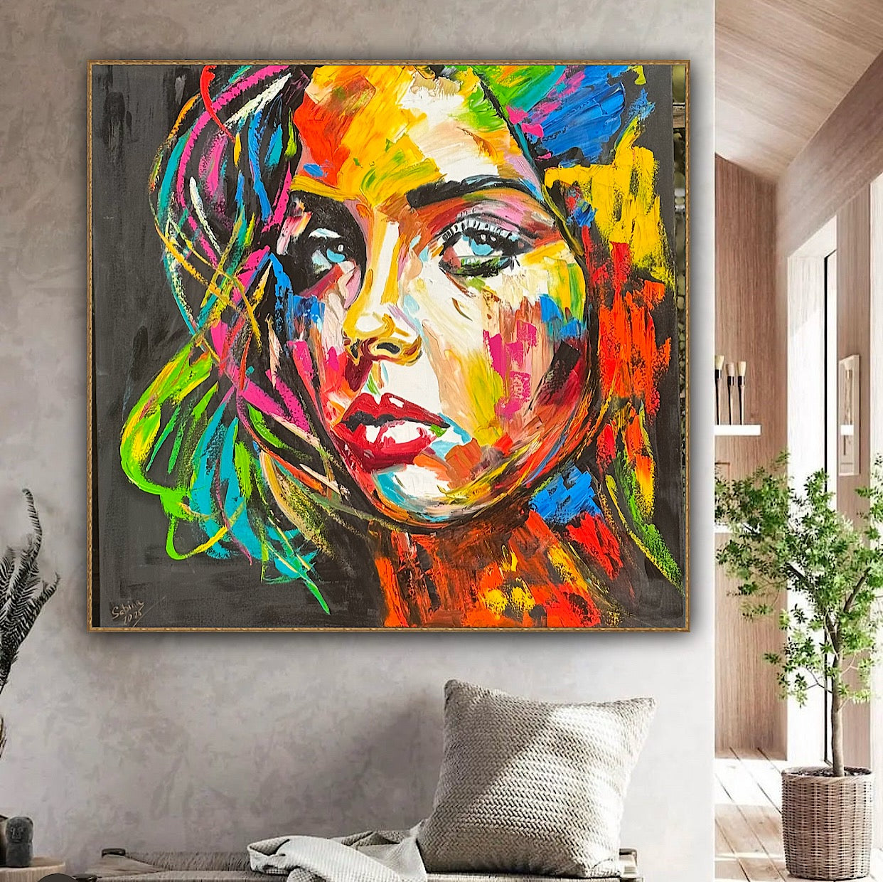 Modern Style Abstract Original Oil Painting On 100 x 100cm canvas Pillow talk woman portrait framed in black and gold frame