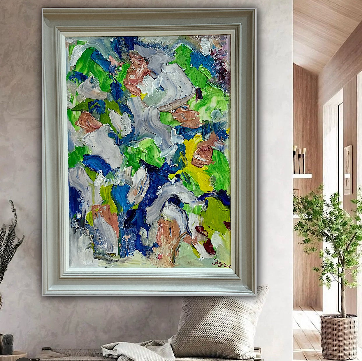 Framed Original Abstract contemporary Oil Painting On Canvas 52x70cm Floral Oka
