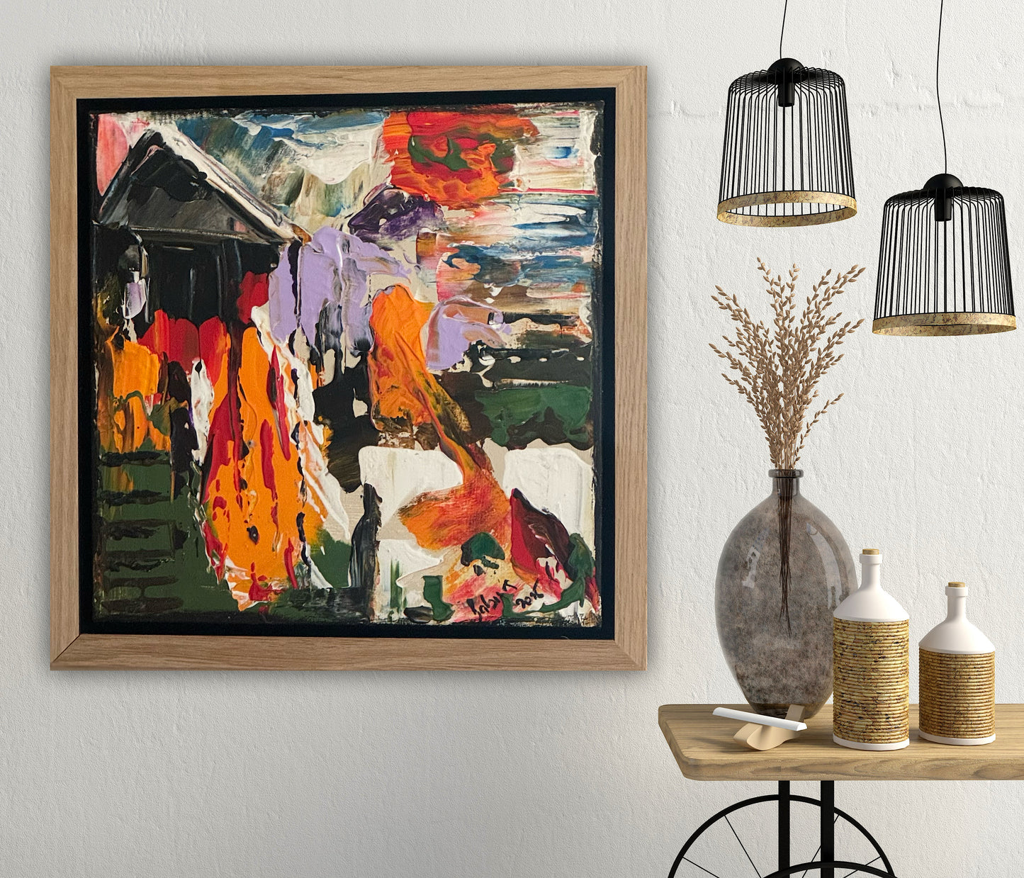 Framed Original Abstract contemporary Oil Painting On Canvas 30 x 30cm House on a Hill Oka