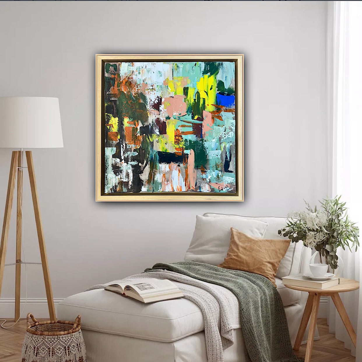 Framed Original Abstract Oil Painting On Canvas 52 x 52cm city lights Oka