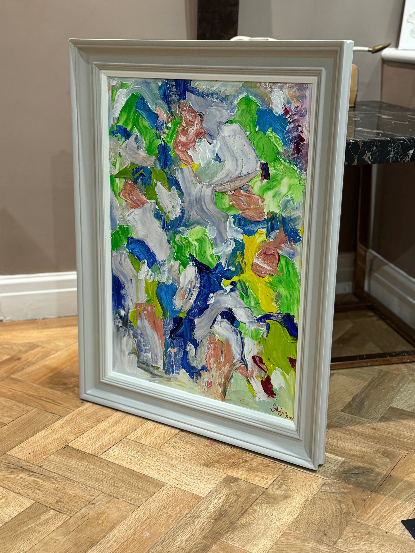 Framed Original Abstract contemporary Oil Painting On Canvas 52x70cm Floral Oka