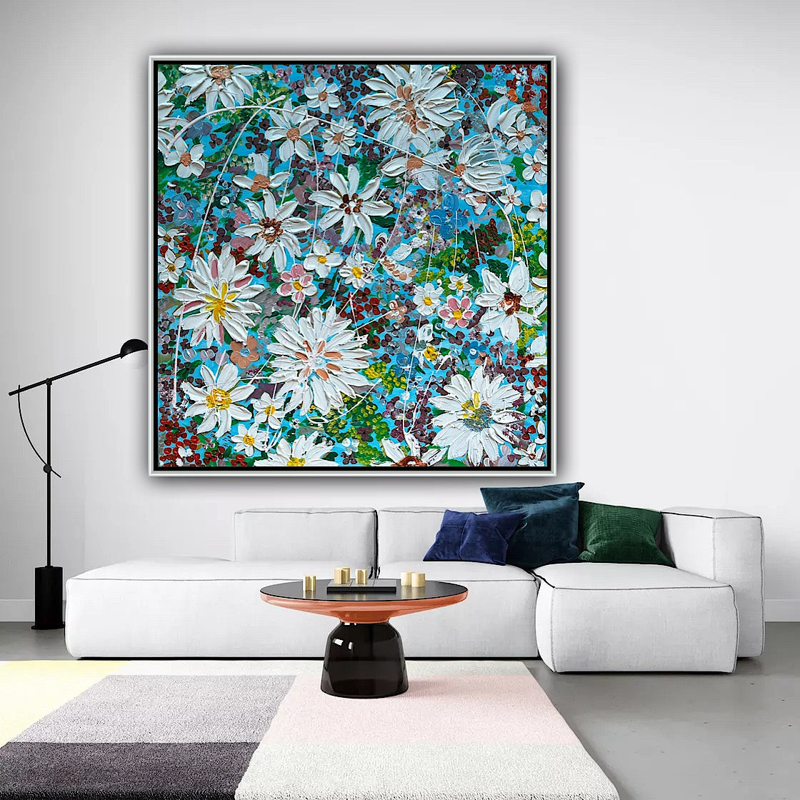 Original Abstract Oil Painting On Canvas 90 x 90cm Flowers in bloom textured framed