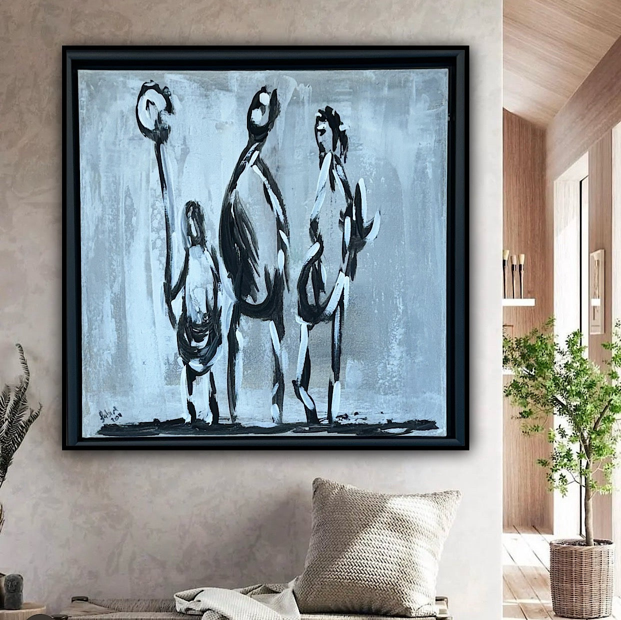 Framed in black Figurative Modern Abstract contemporary oil Painting On Canvas 42 x 42cm family