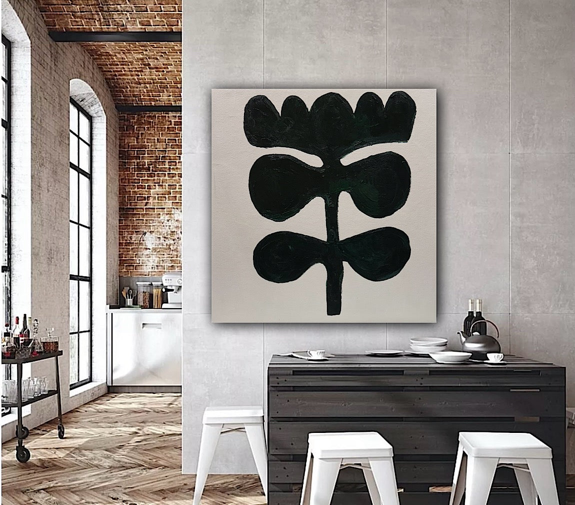 Eferi Plant II Green & White Modern Abstract oil Painting On Canvas 40x40cm In Oka floral