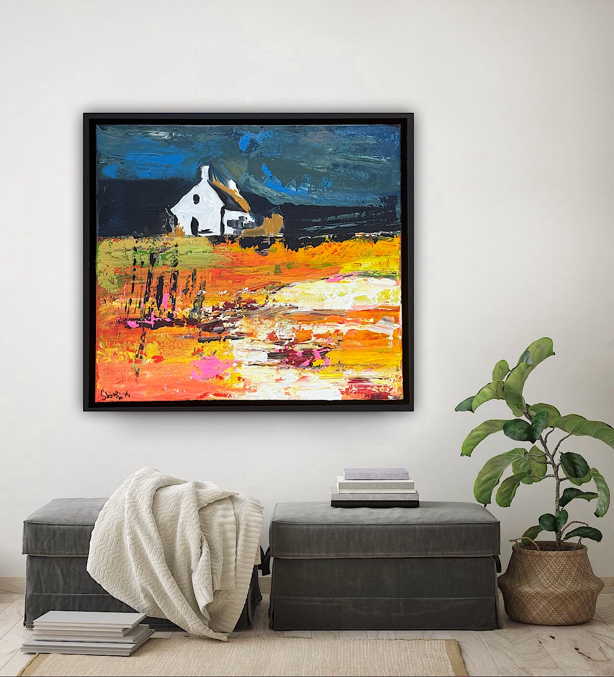Framed Original Abstract contemporary Oil Painting On Canvas 43x40cm Magazine Irish House on a Hill Oka