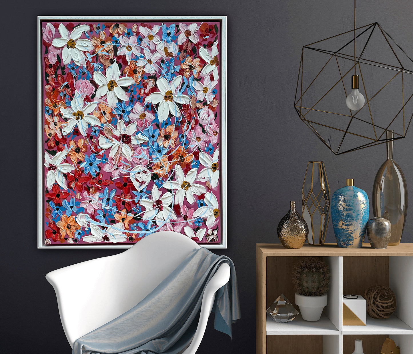 Original Abstract Oil Painting On Canvas 80 x 65cm Daisies in bloom textured framed