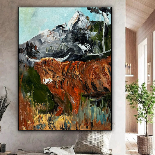 Abstract Original Oil Painting On 30 x 40cm Canvas Aboriginal highland cow ‘Bertie’ animal