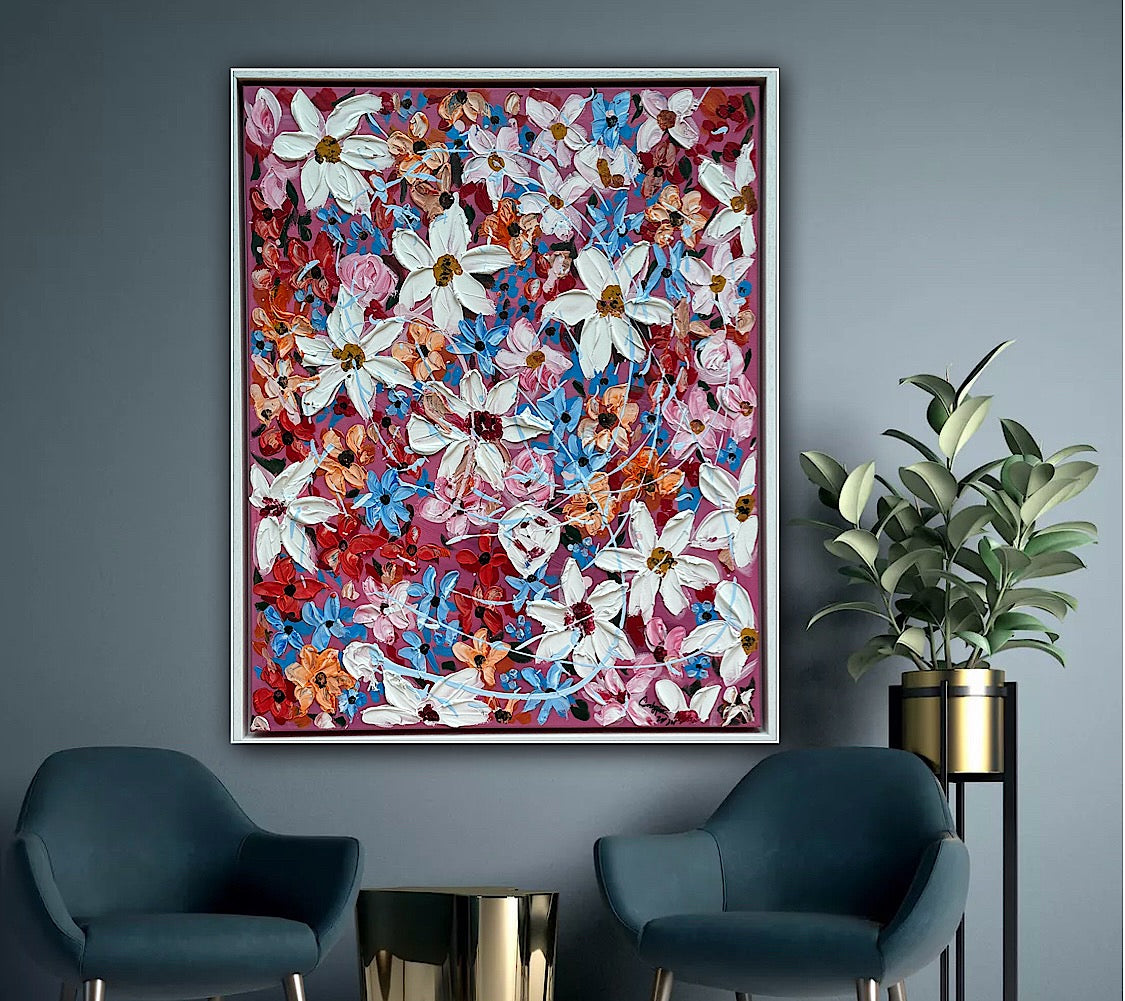 Original Abstract Oil Painting On Canvas 80 x 65cm Daisies in bloom textured framed