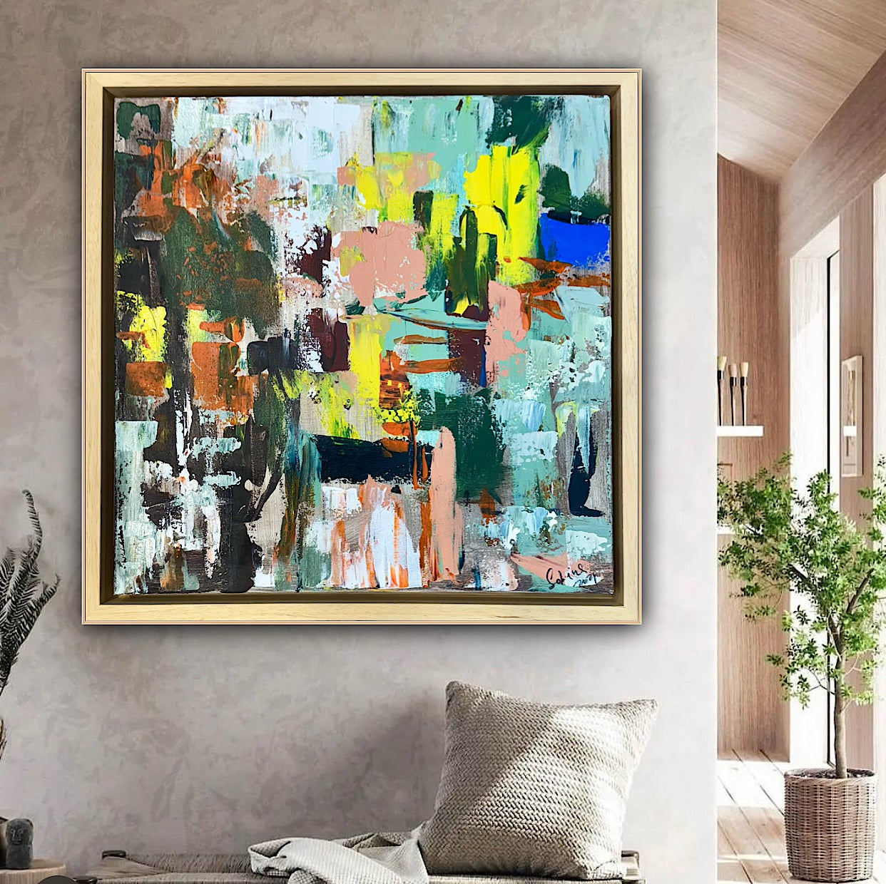 Framed Original Abstract Oil Painting On Canvas 52 x 52cm city lights Oka