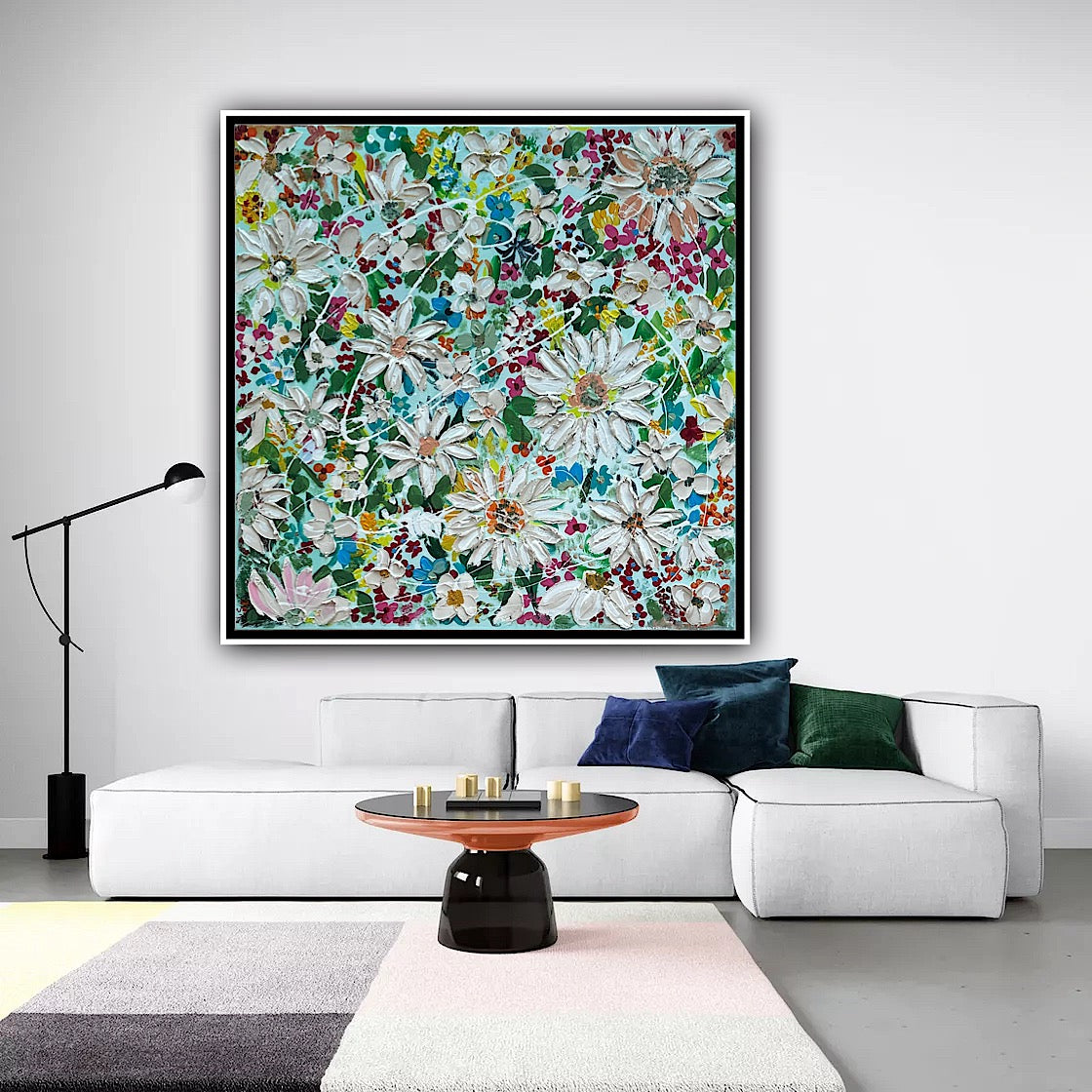 Framed Original Abstract Oil Painting On Canvas 80x80cm Daisies & more Flowers Textured