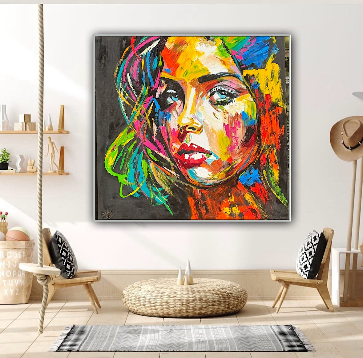 Modern Style Abstract Original Oil Painting On 100 x 100cm canvas Pillow talk woman portrait framed in black and gold frame