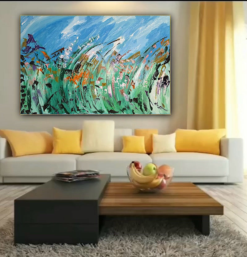 Original Abstract Oil Painting On Canvas 150cm x 100cm Meadow Field Oka floral