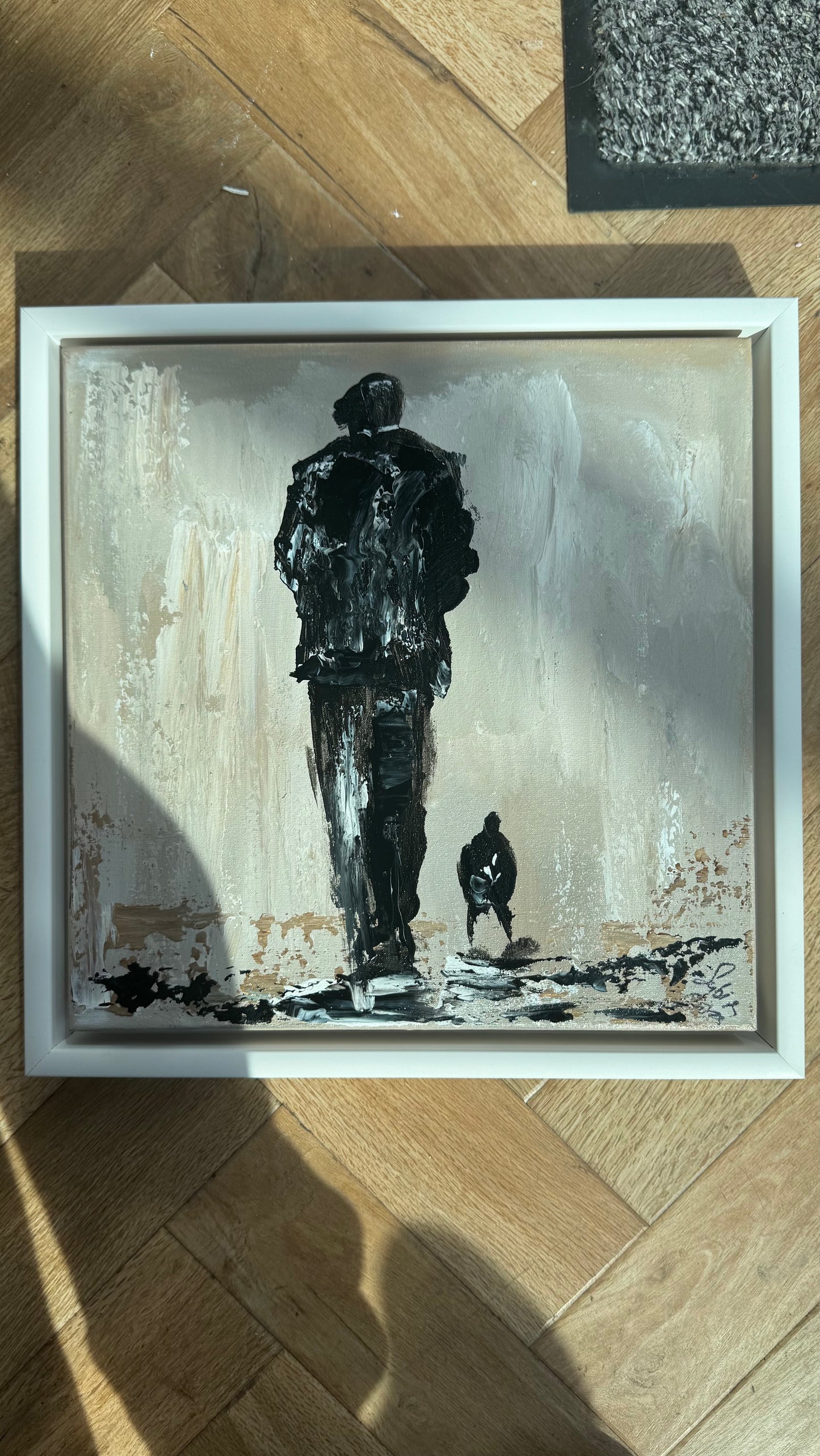 Oka Contemporary Abstract Original Oil Painting on canvas 33 x 33cm textured Pals man with a dog