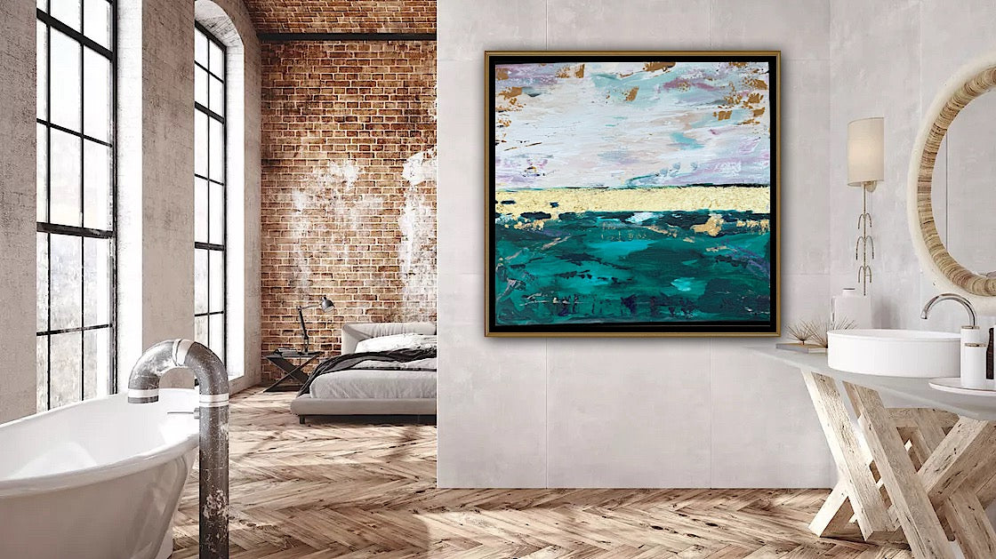Framed in antique gold Textured Original Abstract Oil Painting On Canvas 70x70cm Seascape with gold leaf