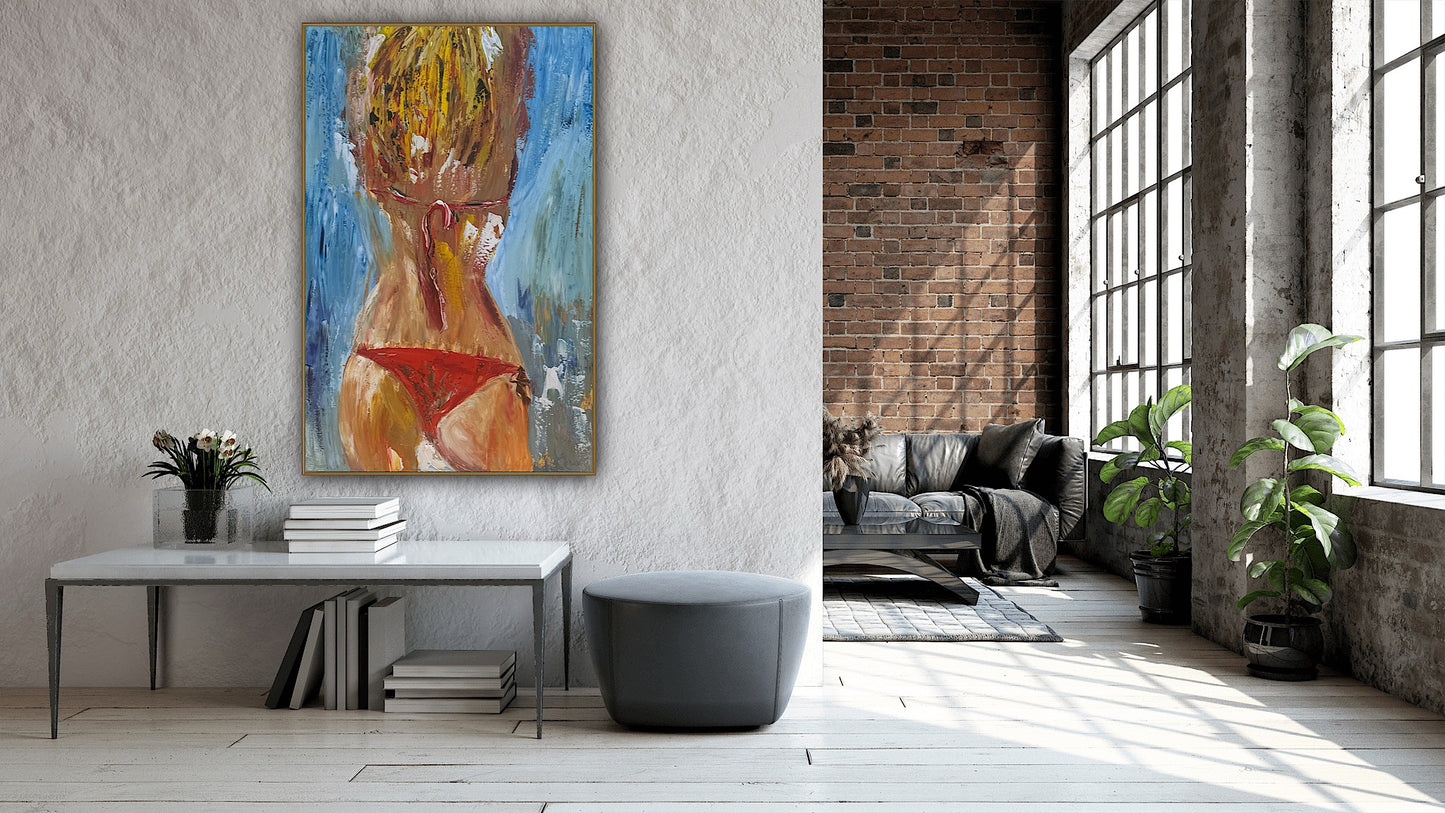 Contemporary Abstract Original Oil Painting On 90 x 60cm Canvas Girl in Red Bikini Nude collection